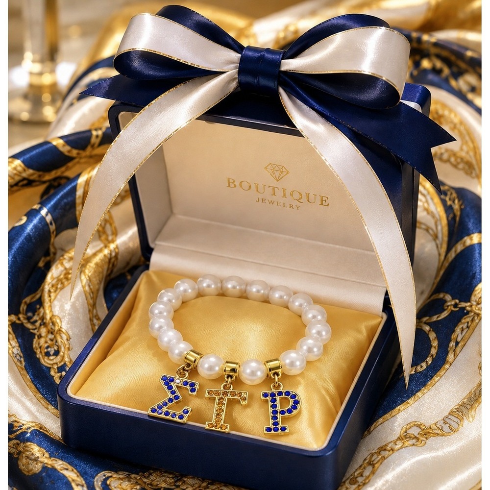 Sigma Gamma Rho SGRho Sorority Pearl Bracelet Blue Gold Rhinestone Greek Charms